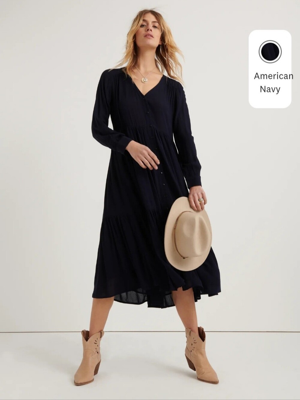 Lucky Brand Navy Blue Tiered Boho Maxi Dress with Pockets - Medium